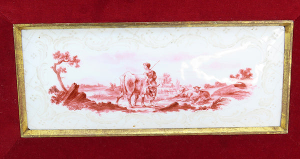 Fine Pair 18th / 19th C. French Hand Painted Enamel Framed Farm Scene Plaques