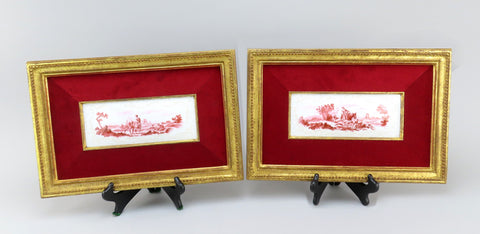 Fine Pair 18th / 19th C. French Hand Painted Enamel Framed Farm Scene Plaques