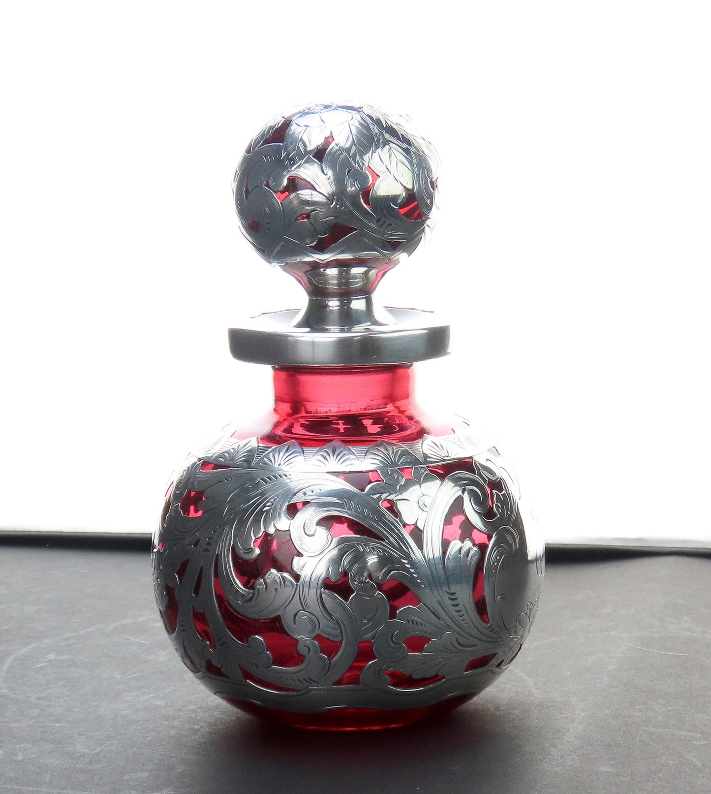Gorgeous Gorham Crimson Red Glass Sterling Silver Overlay Perfume Bottle 6 1/2in