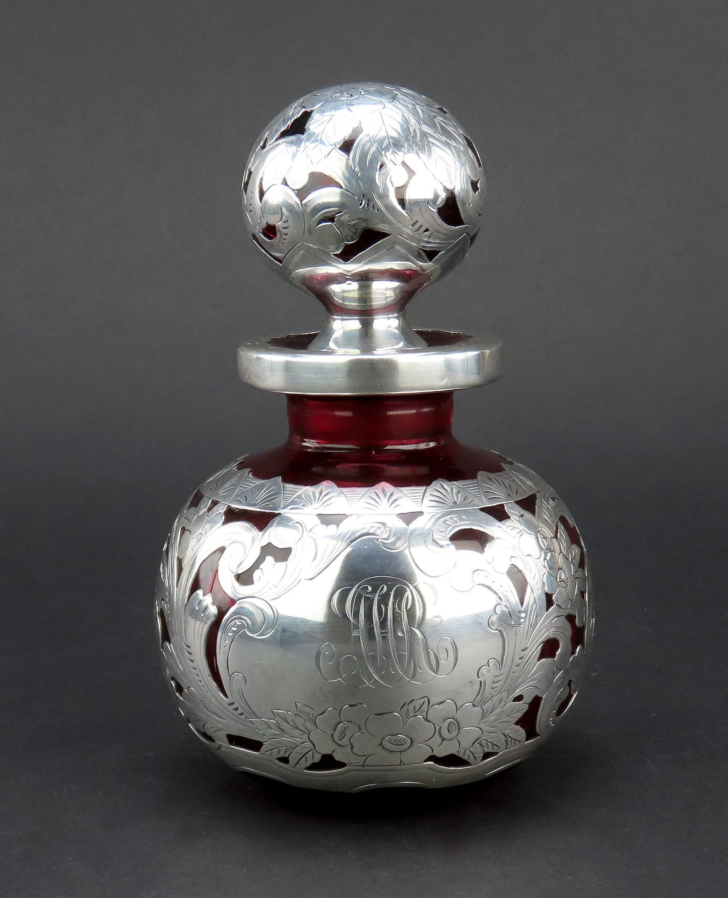 Gorgeous Gorham Crimson Red Glass Sterling Silver Overlay Perfume Bottle 6 1/2in