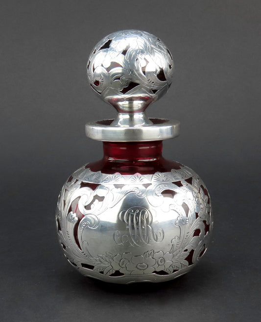Gorgeous Gorham Crimson Red Glass Sterling Silver Overlay Perfume Bottle 6 1/2in