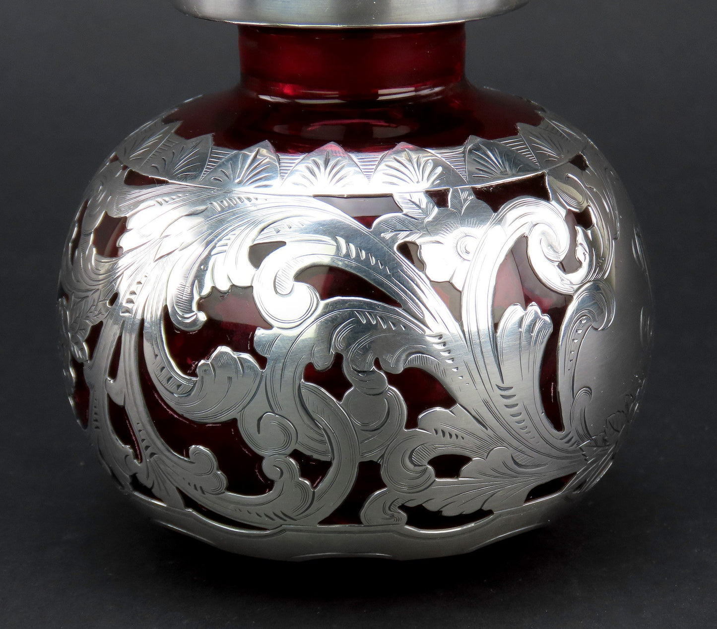 Gorgeous Gorham Crimson Red Glass Sterling Silver Overlay Perfume Bottle 6 1/2in