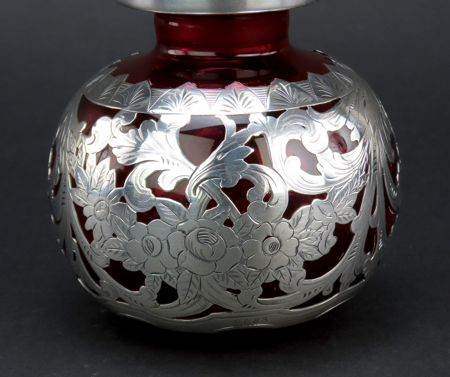 Gorgeous Gorham Crimson Red Glass Sterling Silver Overlay Perfume Bottle 6 1/2in
