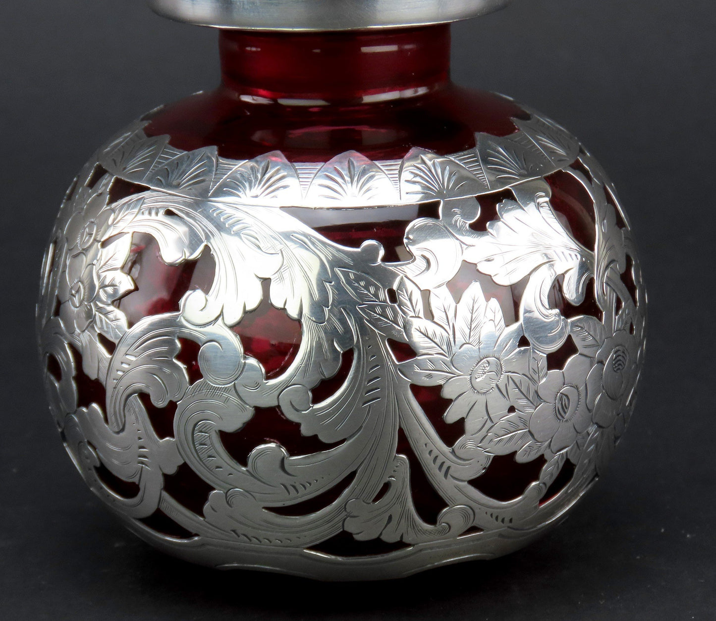 Gorgeous Gorham Crimson Red Glass Sterling Silver Overlay Perfume Bottle 6 1/2in