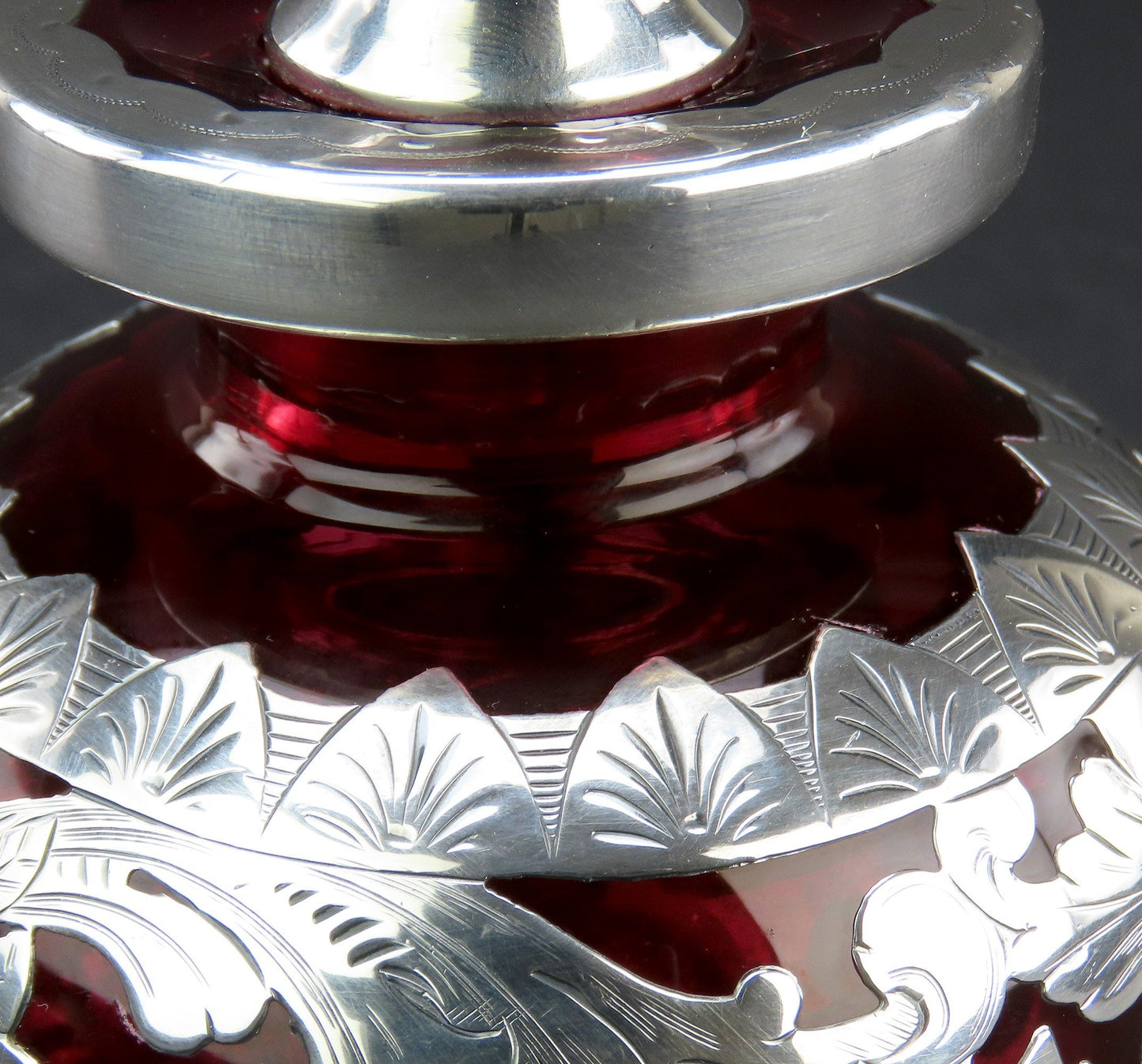 Gorgeous Gorham Crimson Red Glass Sterling Silver Overlay Perfume Bottle 6 1/2in