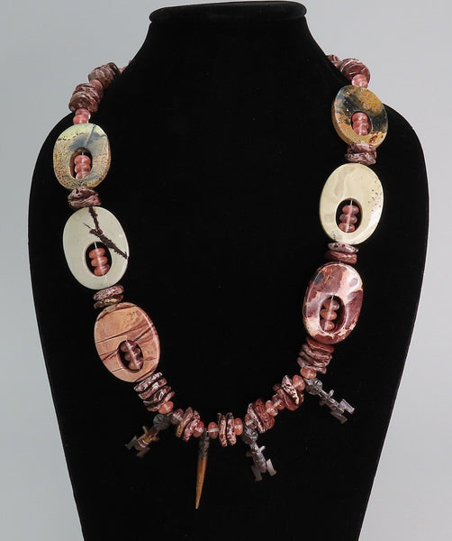 Interesting Beaded Jasper Statement Necklace Carved Figure Beads 24 Inches