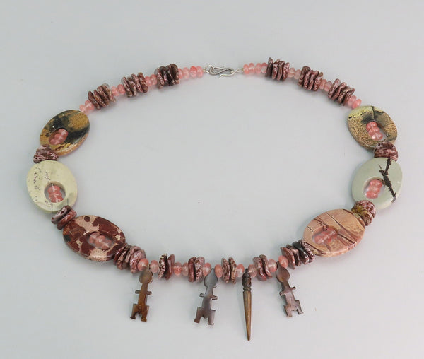 Interesting Beaded Jasper Statement Necklace Carved Figure Beads 24 Inches