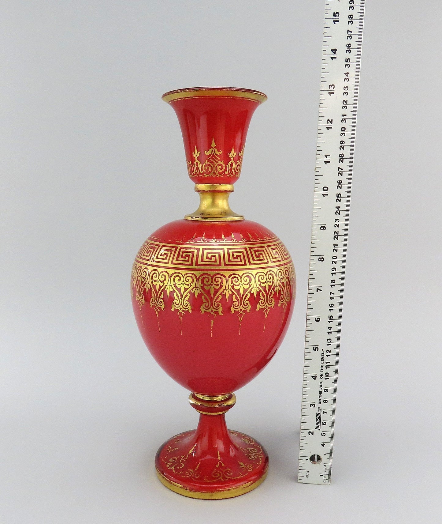 Stunning Late 1800s French Cased Red Glass Gold Gilt Greek Key Vase