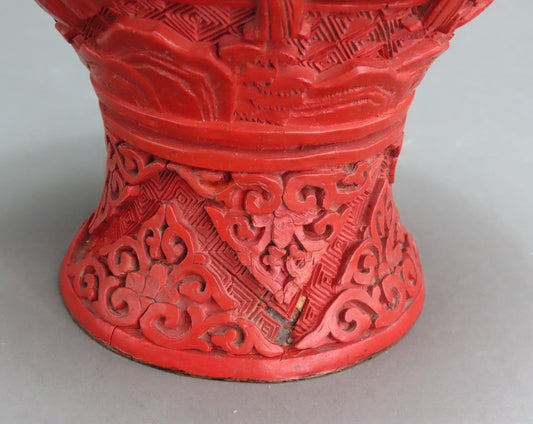 Striking Late 1800s/Early 1900s Chinese Cinnabar Red Lacquer Carved Scenic Vase