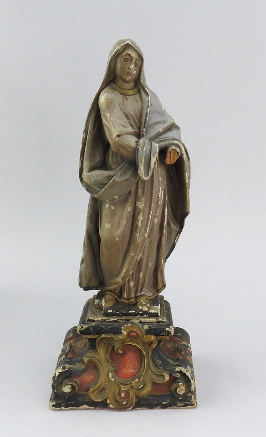 Mid-1800s Lovely Continental European Carved Wood Saint Statue 13 3/4" Tall