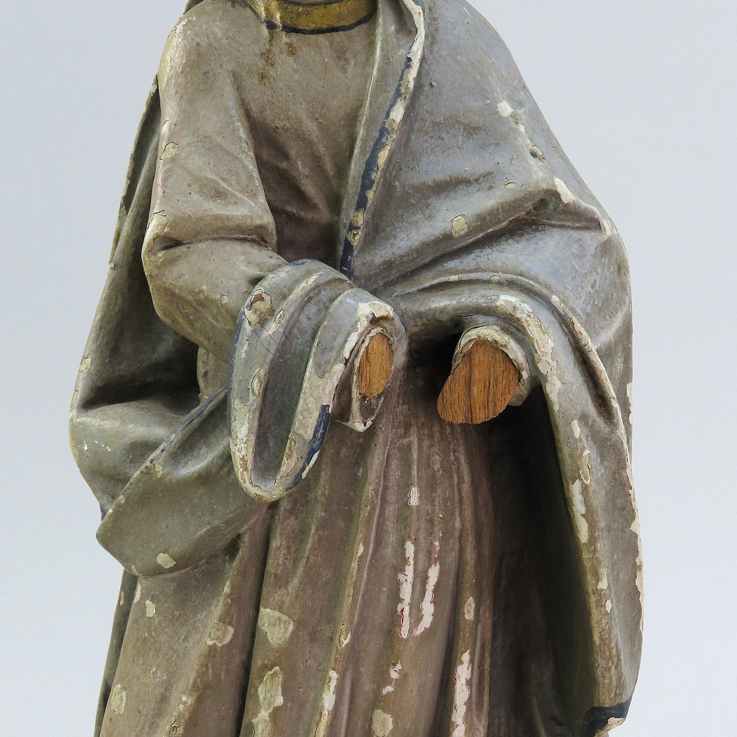 Mid-1800s Lovely Continental European Carved Wood Saint Statue 13 3/4" Tall