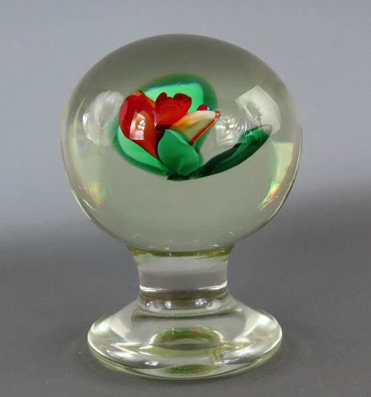 Nice Hand-Blown Tall Pedestal Paperwight Red Rose Design