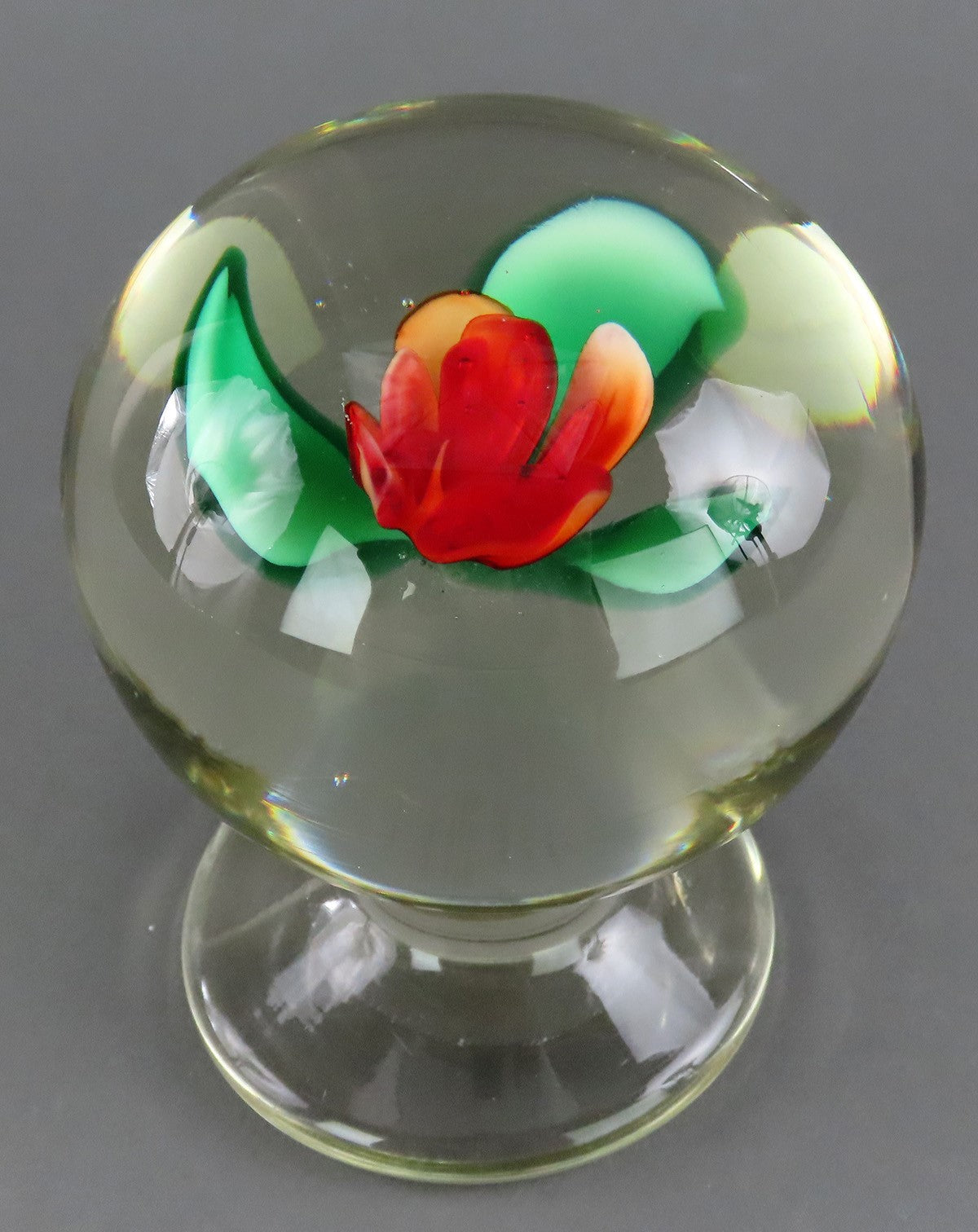 Nice Hand-Blown Tall Pedestal Paperwight Red Rose Design