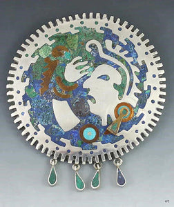 Toño Mexican Sterling Mixed Metal Stone Inlay Aztec Pin Brooch Tono