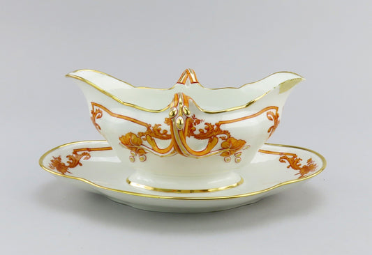 1870s Antique French Porcelain Gravy Sauce Boat w/ Attached Underplate
