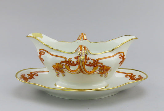 1870s Antique French Porcelain Gravy Sauce Boat w/ Attached Underplate