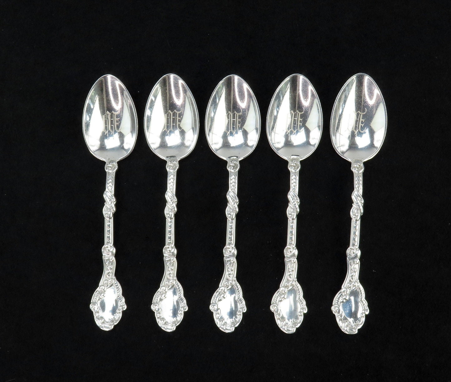 Rare Set 5 Gorham Marie Antoinette Sterling Silver Demitasse Spoons W Mono