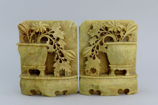 Stunning Pair Antique Chinese Hand Carved Beige Soapstone Floral Bookends