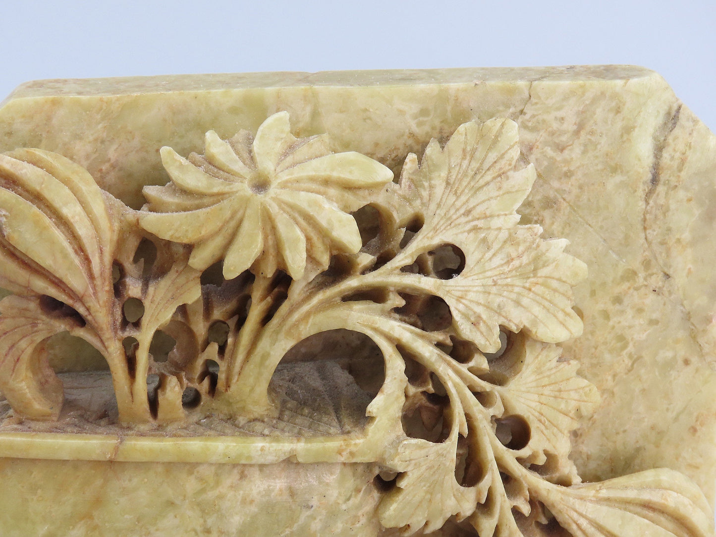 Stunning Pair Antique Chinese Hand Carved Beige Soapstone Floral Bookends