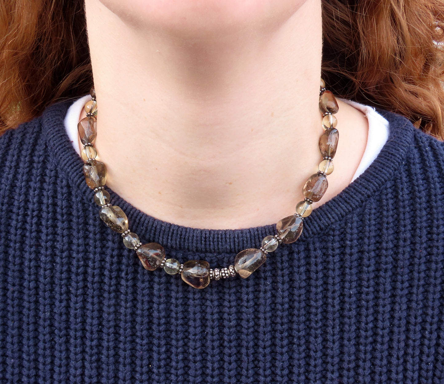 Lovely Brown Stone Beaded Necklace Sterling Silver Toggle 16.5 Inches