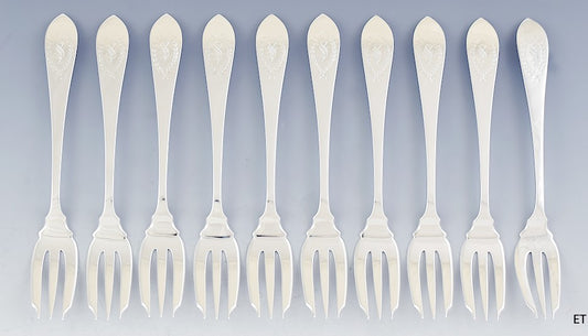 Great set 10 Dominick & Haff Sterling Silver Fish Forks Pointed Antique #3 Engr.