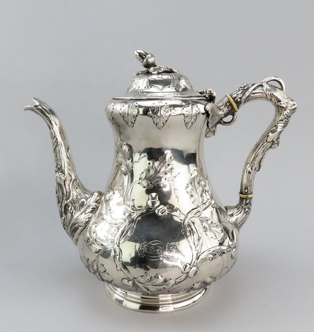 Antique c1850 American Coin Silver Large Coffee/Teapot Hand Chased Oak Leaves