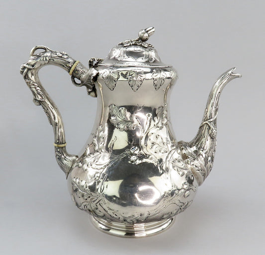 Antique c1850 American Coin Silver Large Coffee/Teapot Hand Chased Oak Leaves