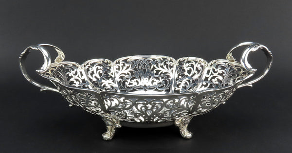 Fancy Large Pierced Handled Oval Bowl w/ Claw Feet Scroll Decorations 15" Long