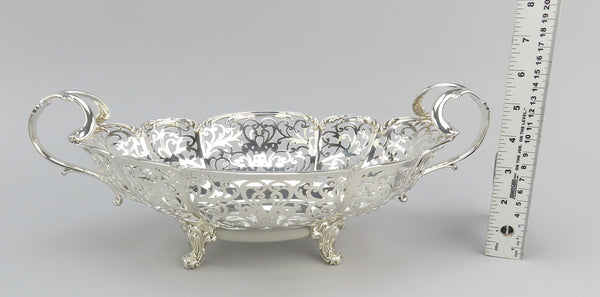 Fancy Large Pierced Handled Oval Bowl w/ Claw Feet Scroll Decorations 15" Long