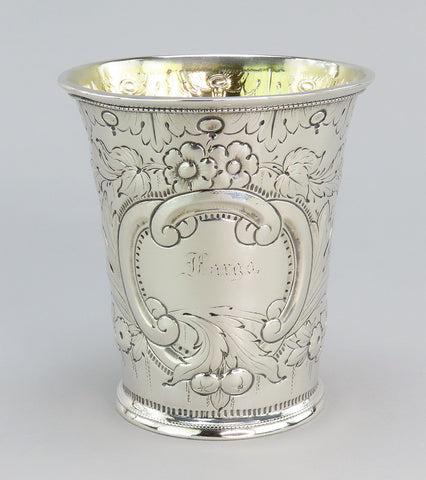 1850s Fabulous American Coin Silver Large Cup Fargo Family Monogram 4" Tall