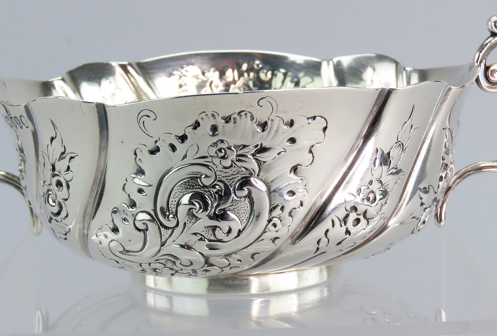 1880 Victorian English Sterling Silver Double Figurehead Maiden Handle Bowl