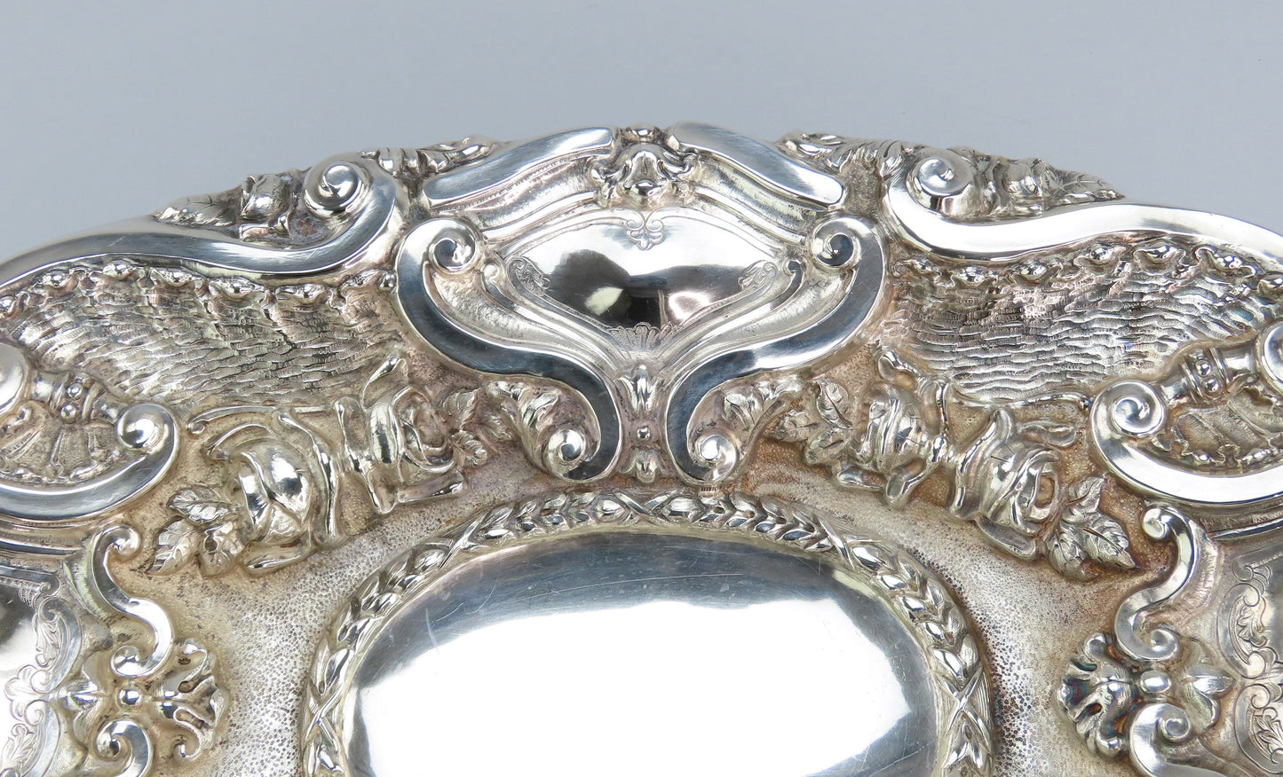 Fabulous Large Silver Hand Chased Dish Classical Portuguese Style 15 1/2" Long
