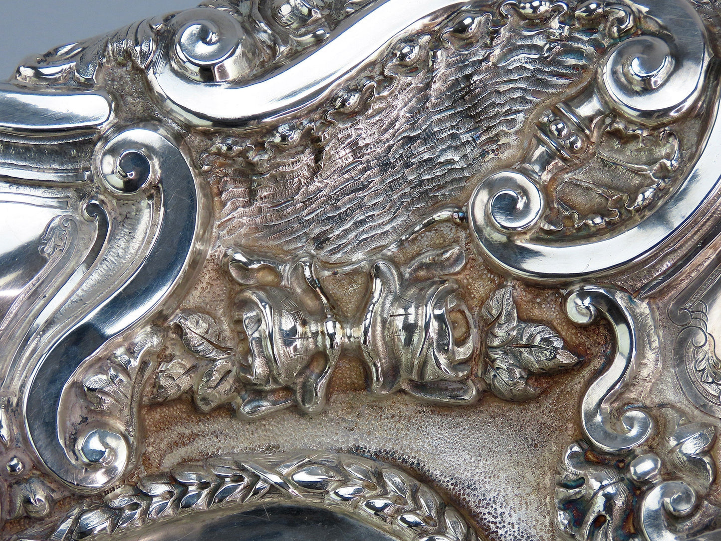 Fabulous Large Silver Hand Chased Dish Classical Portuguese Style 15 1/2" Long