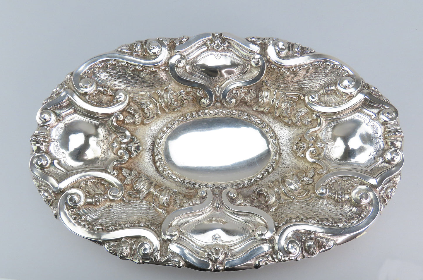 Fabulous Large Silver Hand Chased Dish Classical Portuguese Style 15 1/2" Long