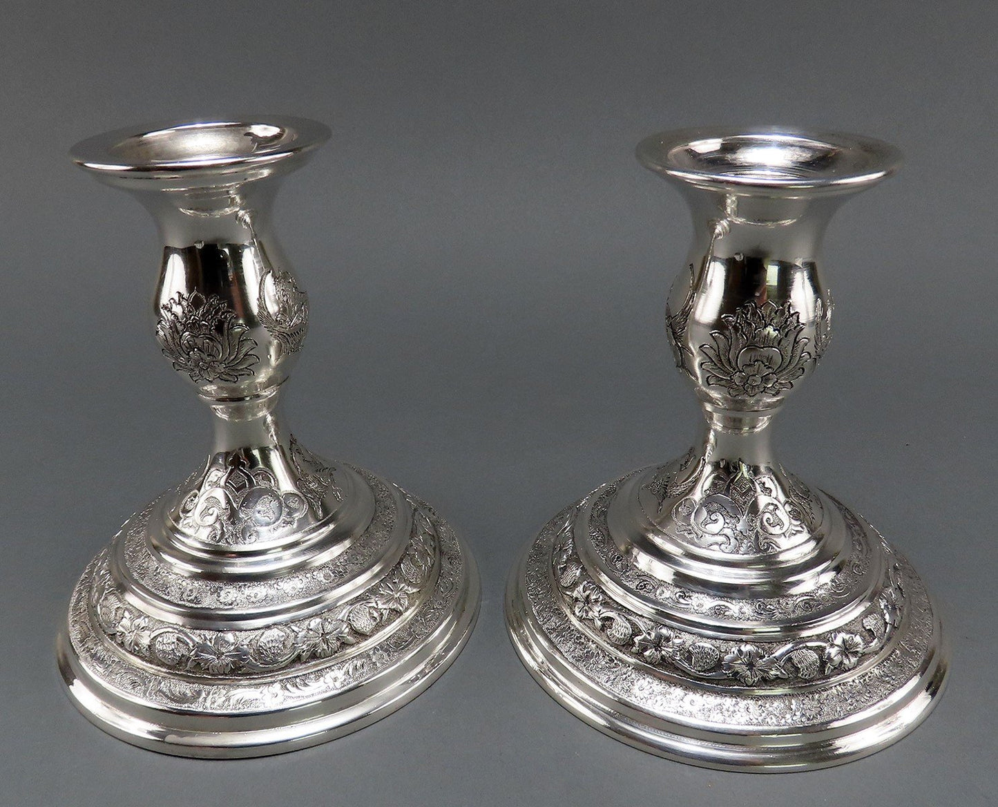 Beautiful Pair Persian Silver 5" Candlesticks Hand Engraved Flowers Birds