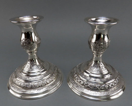 Beautiful Pair Persian Silver 5" Candlesticks Hand Engraved Flowers Birds