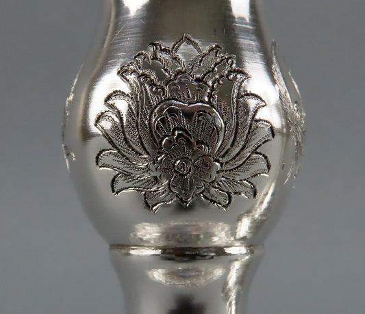 Beautiful Pair Persian Silver 5" Candlesticks Hand Engraved Flowers Birds