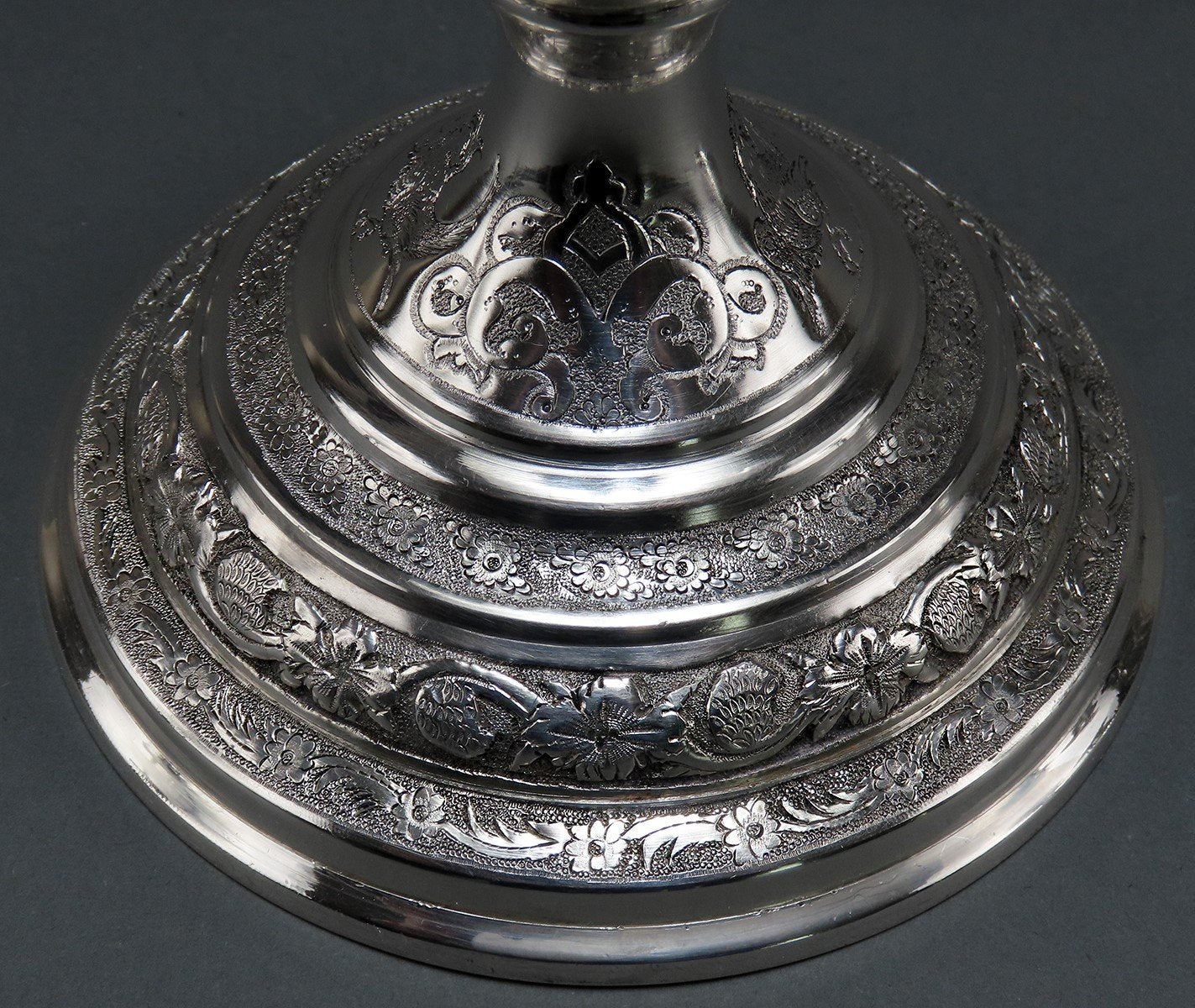 Beautiful Pair Persian Silver 5" Candlesticks Hand Engraved Flowers Birds