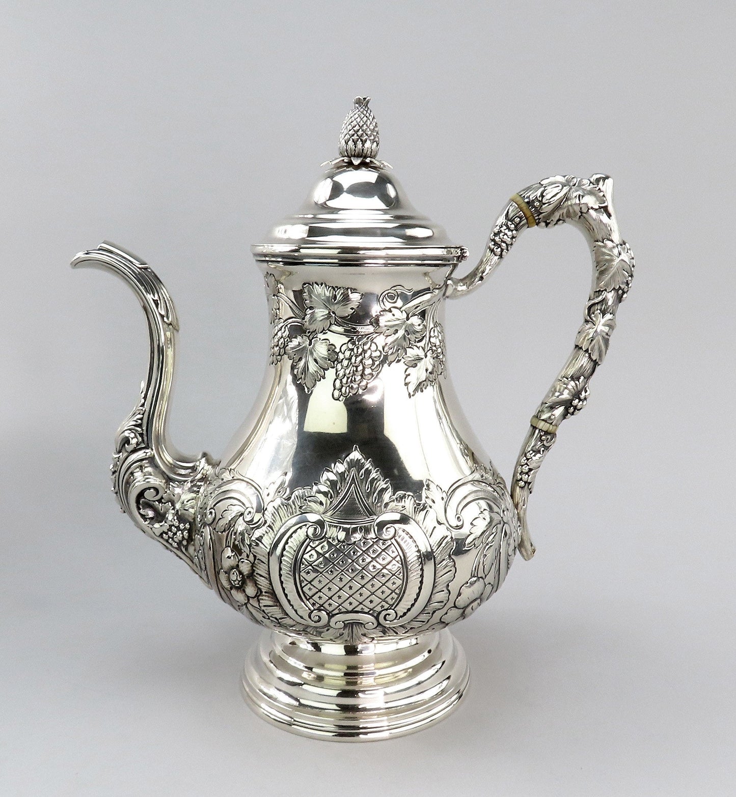 c1850 Fabulous American Coin Silver Large Hand Chased Coffee/Teapot 10 3/4" Tall