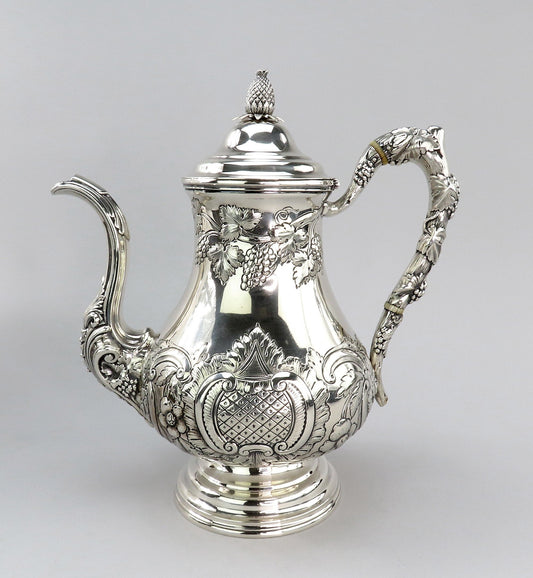 c1850 Fabulous American Coin Silver Large Hand Chased Coffee/Teapot 10 3/4" Tall