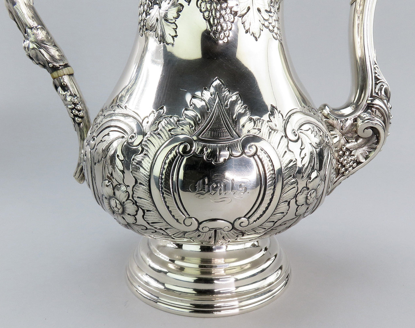 c1850 Fabulous American Coin Silver Large Hand Chased Coffee/Teapot 10 3/4" Tall
