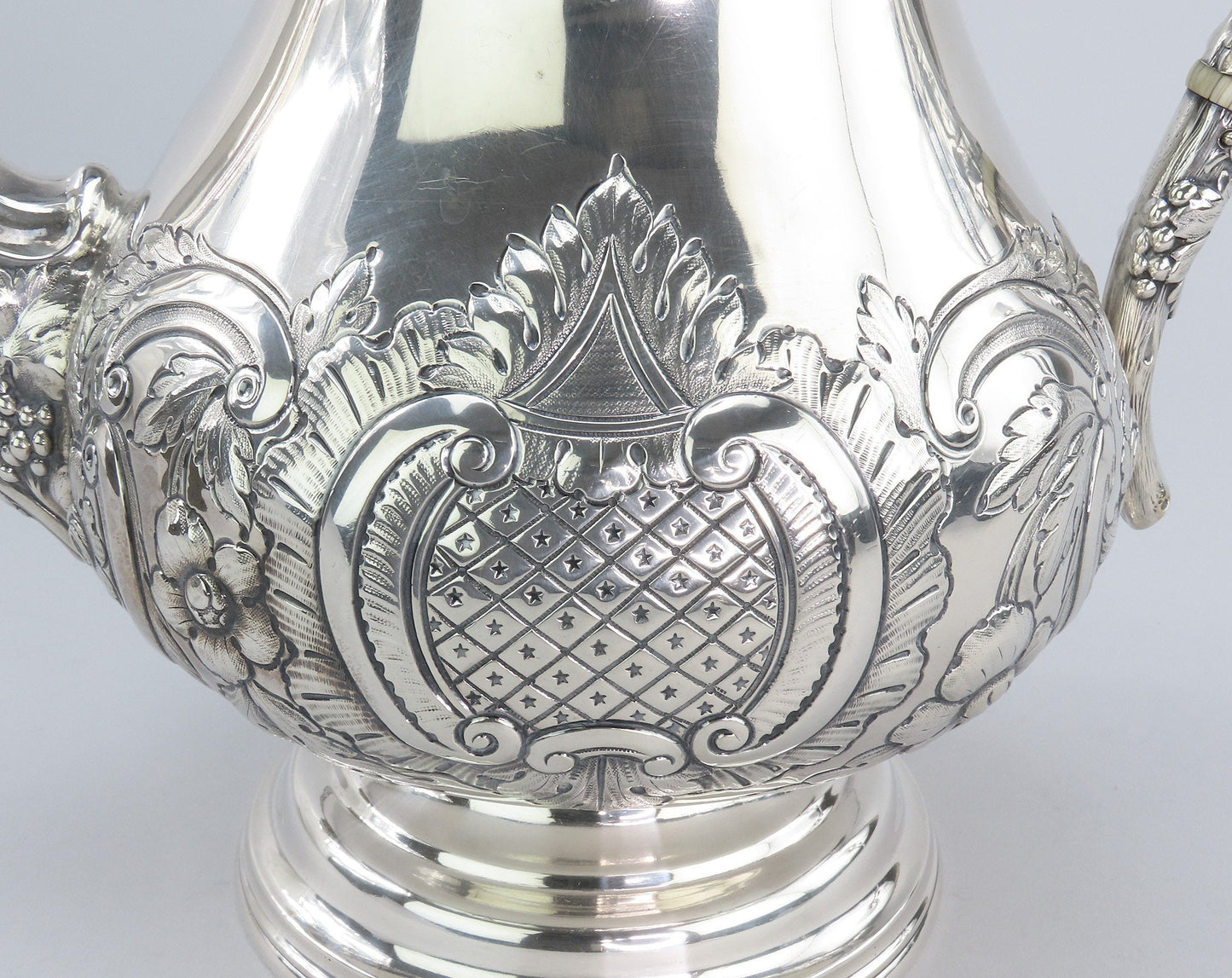 c1850 Fabulous American Coin Silver Large Hand Chased Coffee/Teapot 10 3/4" Tall