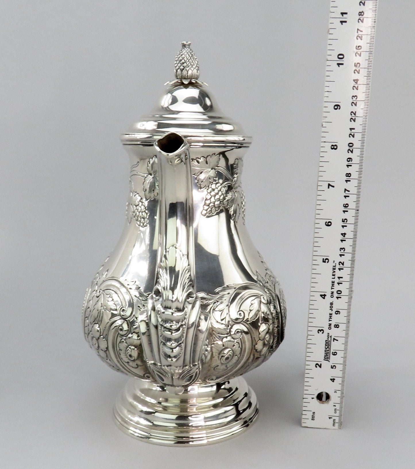 c1850 Fabulous American Coin Silver Large Hand Chased Coffee/Teapot 10 3/4" Tall