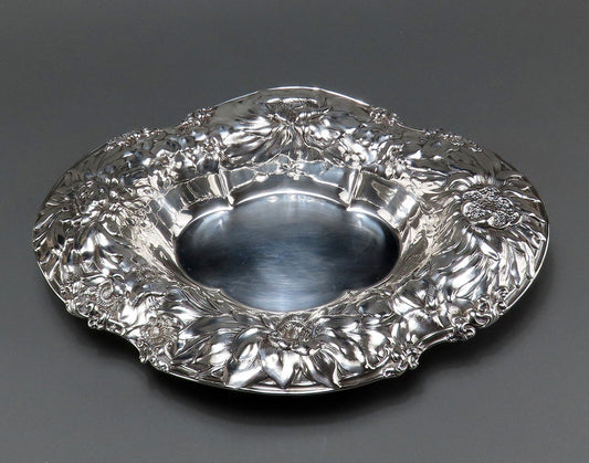 Large Gorgeous Sterling Silver Gorham Floral Dish 1898 Oval Quatrefoil 15 inches