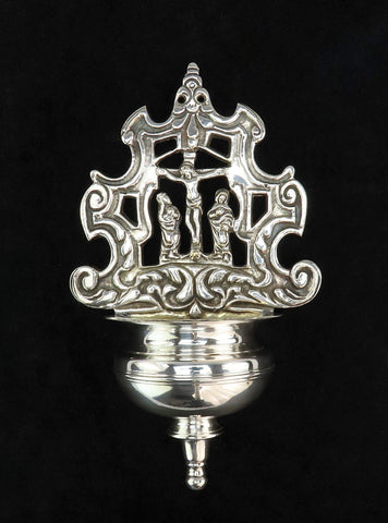 18th C Continental European Silver plate Holy Water Font Wall Piece Crucifixion