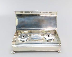 19th Century English Silverplate Inkwell Stand Desk Piece 2 Inkwells 8 1/2" Long