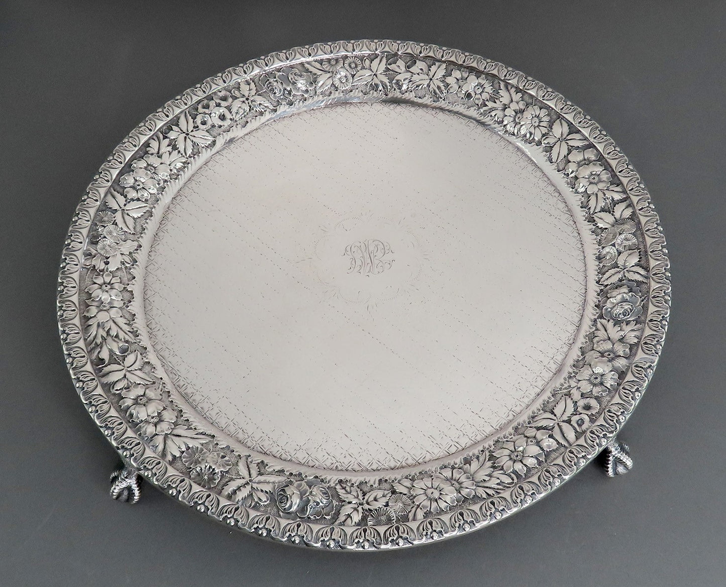 c1900 Baltimore Repousse Sterling Silver Round Tray Salver Ball Claw Feet