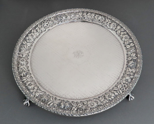 c1900 Baltimore Repousse Sterling Silver Round Tray Salver Ball Claw Feet