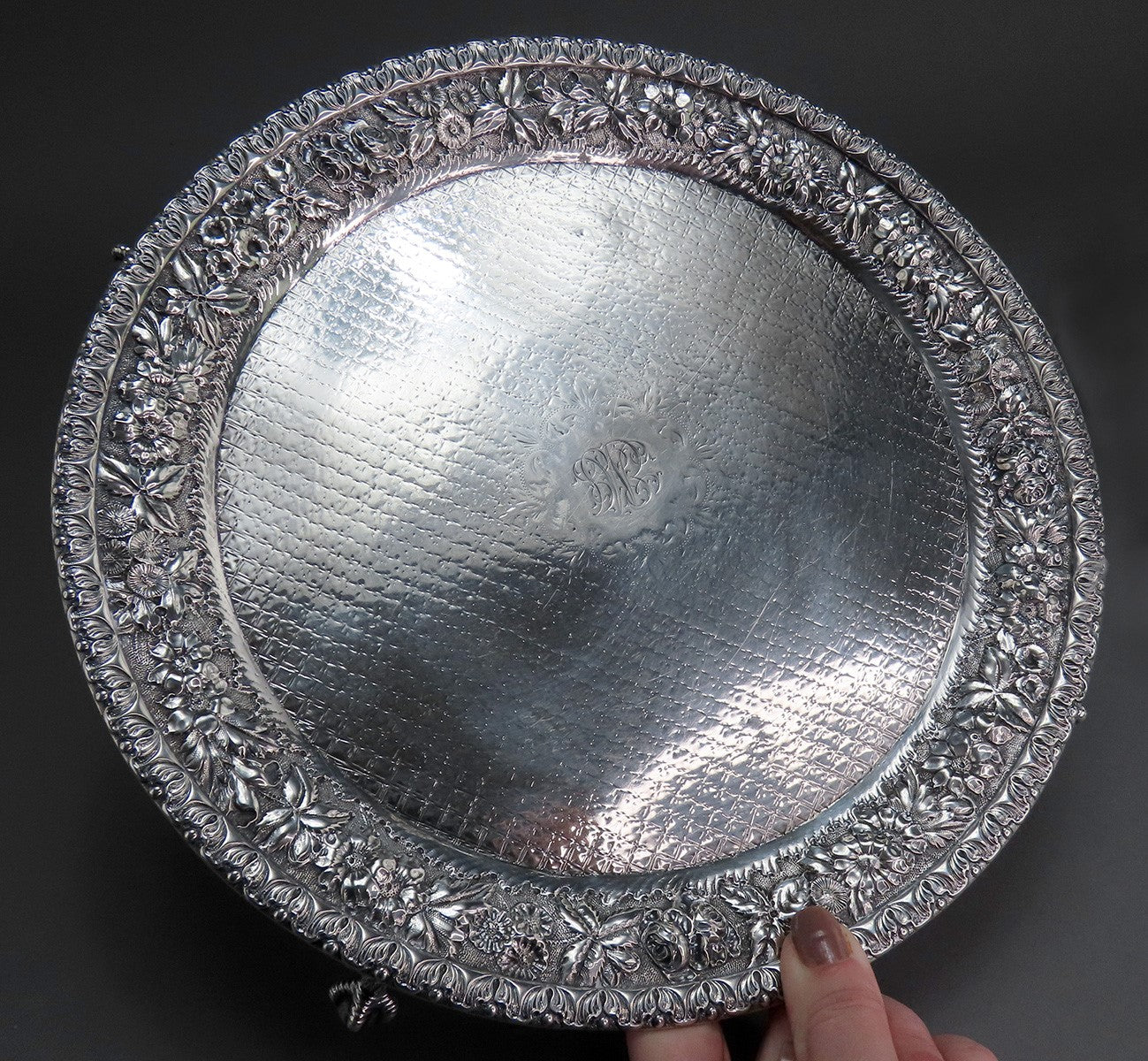c1900 Baltimore Repousse Sterling Silver Round Tray Salver Ball Claw Feet