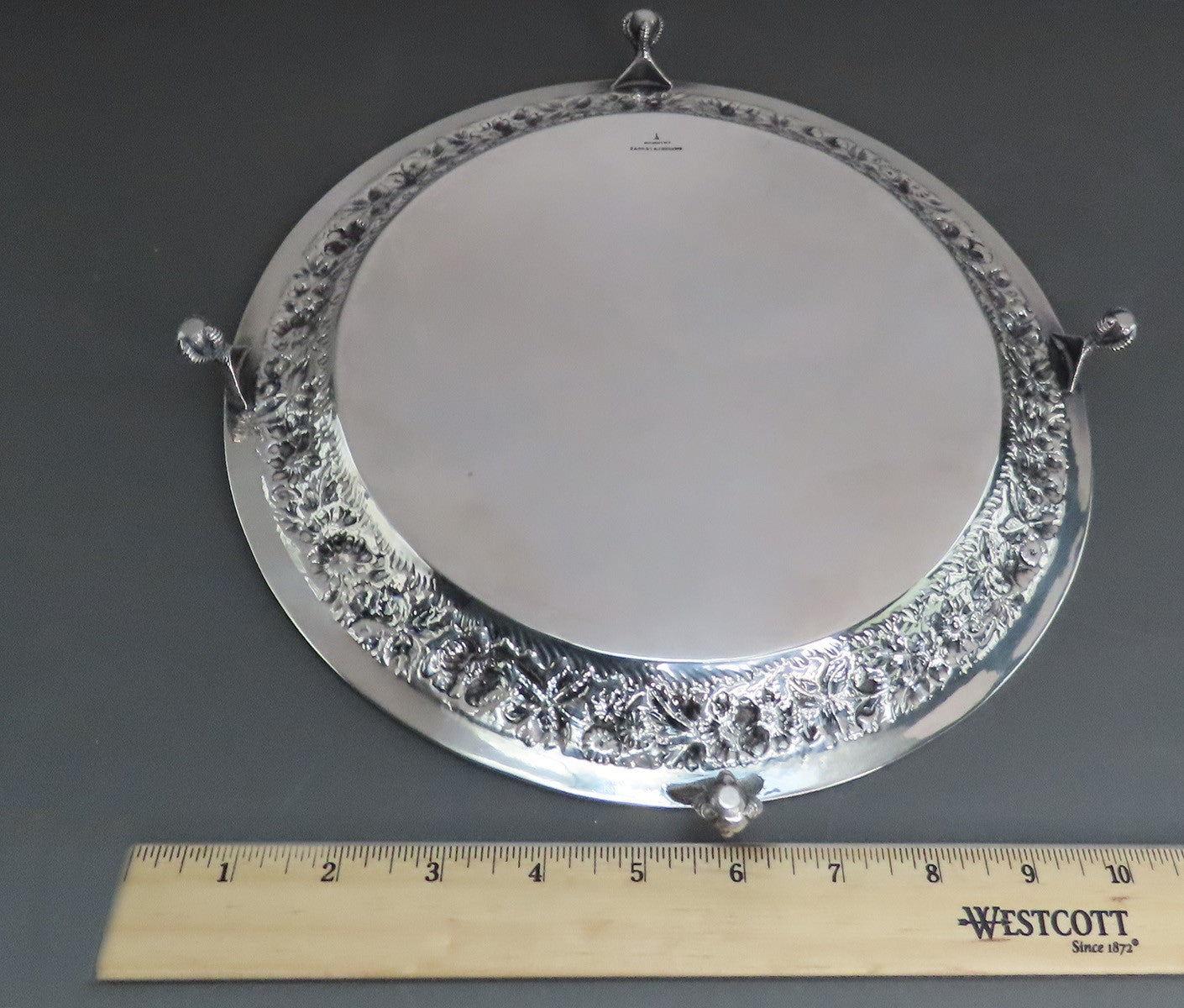 c1900 Baltimore Repousse Sterling Silver Round Tray Salver Ball Claw Feet